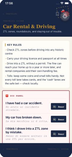 Car Rental and Driving guide with key rules and an SOS panel