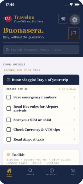 Traveluu Home screen with your guides and a before-you-go checklist